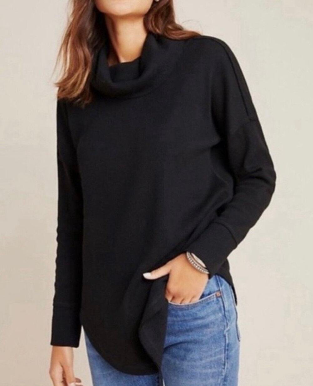 Maeve by Anthropologie Thermal Black Turtleneck Waffle Knit Size L Cotton Blend